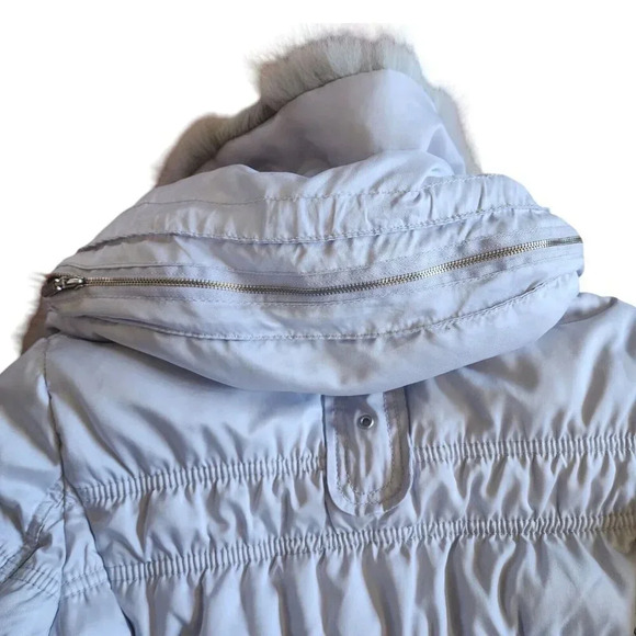 Naf Naf Silver Snap Front Zip Jacket Real Fur Detachable Packable Hood Small - Picture 6 of 12